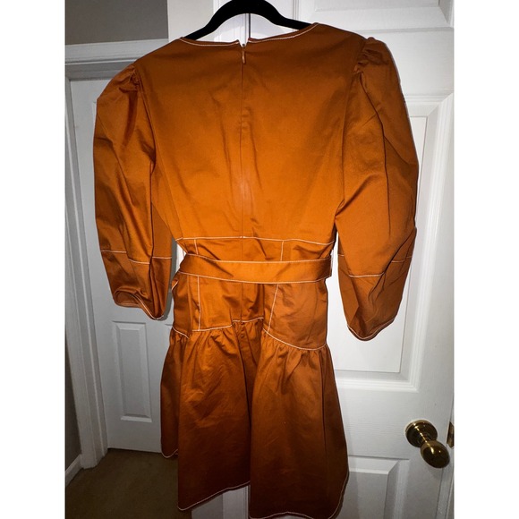 Cinq a Sept Khloe Mini Dress Ochre Brown Contrast Stitch Puff Sleeve Belted 12 - Picture 10 of 10